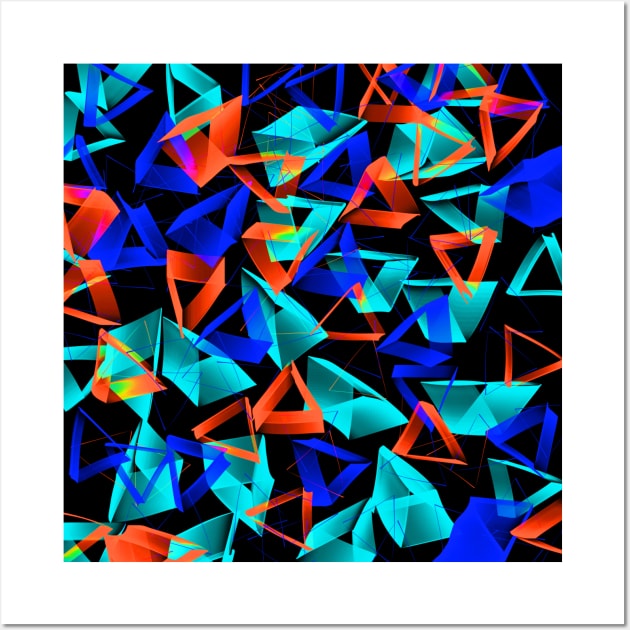 3D Blue Aqua and Orange Triangles on Black Abstract Wall Art by Klssaginaw